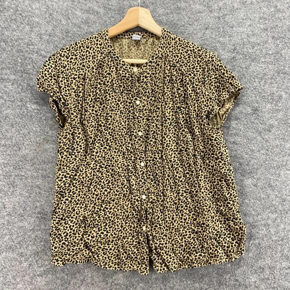 Old Navy Top Women S Small Brown Animal Print Button Up Crew Neck Short Sleeve - Picture 4 of 9